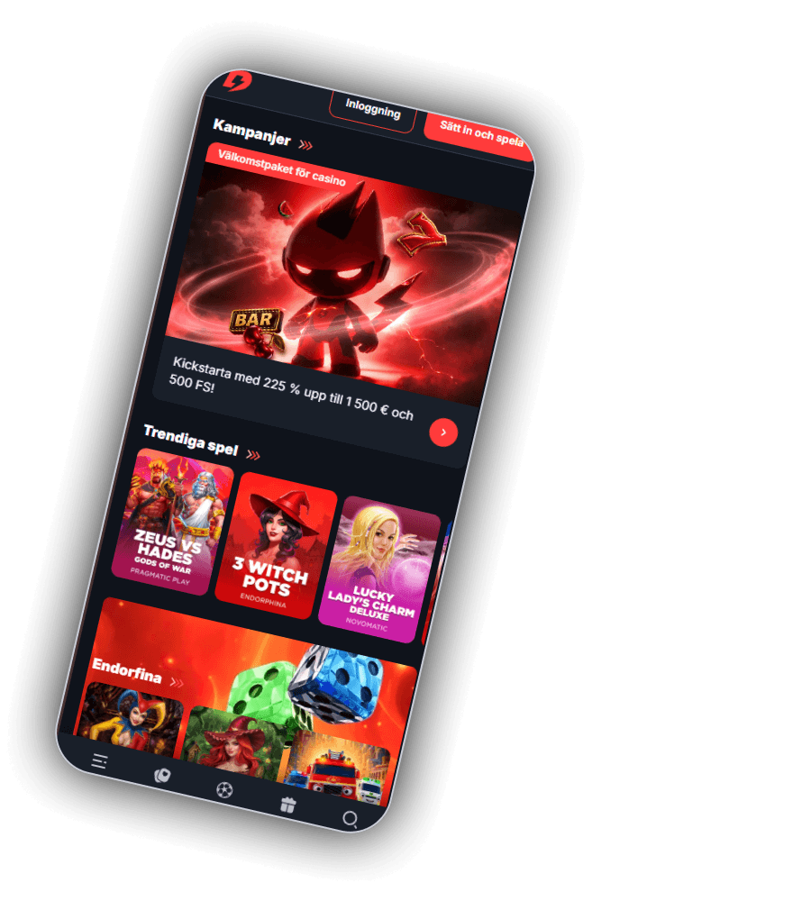 BetBay i mobilen: sektionen Kampanjer med kortet Välkomstpaket för casino, den röda maskoten med horn, texten Kickstarta med 225 % upp till 1 500 euro och 500 FS, raden Trendiga spel med Zeus vs Hades, 3 Witch Pots och Lucky Lady's Charm Deluxe samt Endorphina-raden längst ner