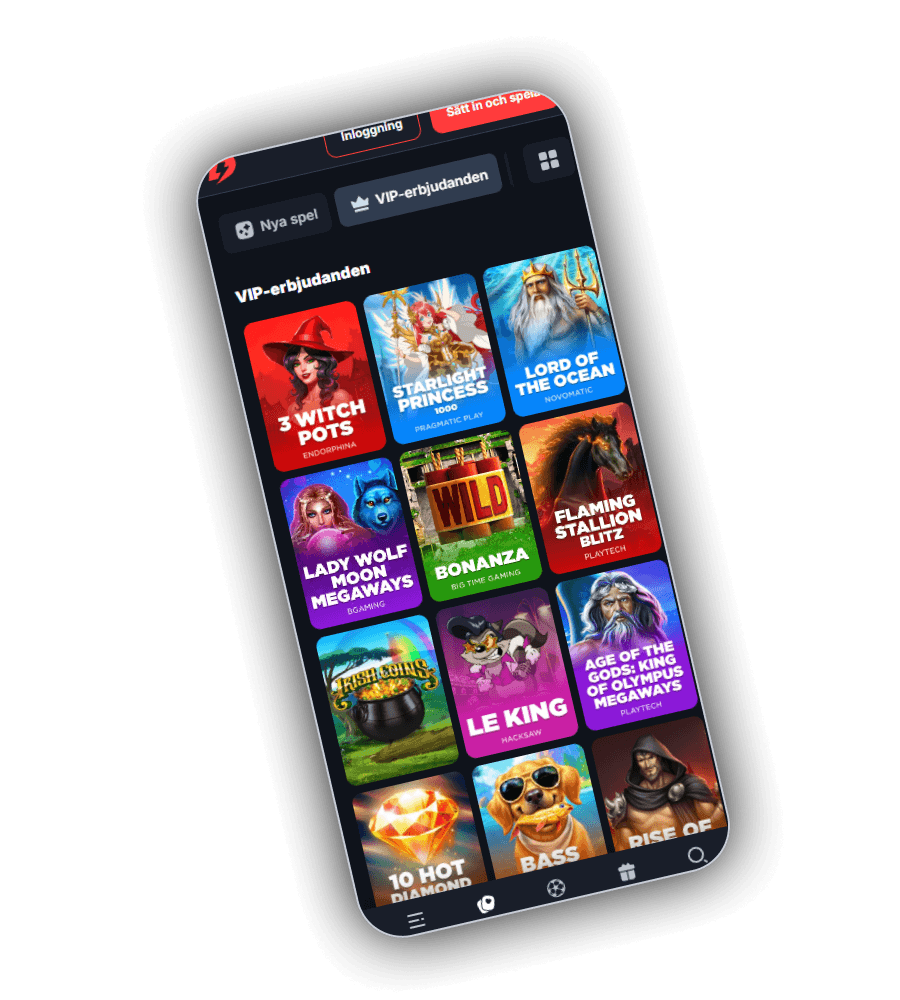 Spelraden VIP-erbjudanden hos BetBay i mobilen med flikarna Nya spel och VIP-erbjudanden och spelrutor för 3 Witch Pots från Endorphina, Starlight Princess 1000 från Pragmatic Play, Lord of the Ocean från Novomatic, Lady Wolf Moon Megaways från BGaming, Bonanza från Big Time Gaming, Flaming Stallion Blitz och Age of the Gods King of Olympus Megaways från Playtech, Irish Coins, Le King från Hacksaw och 10 Hot Diamond