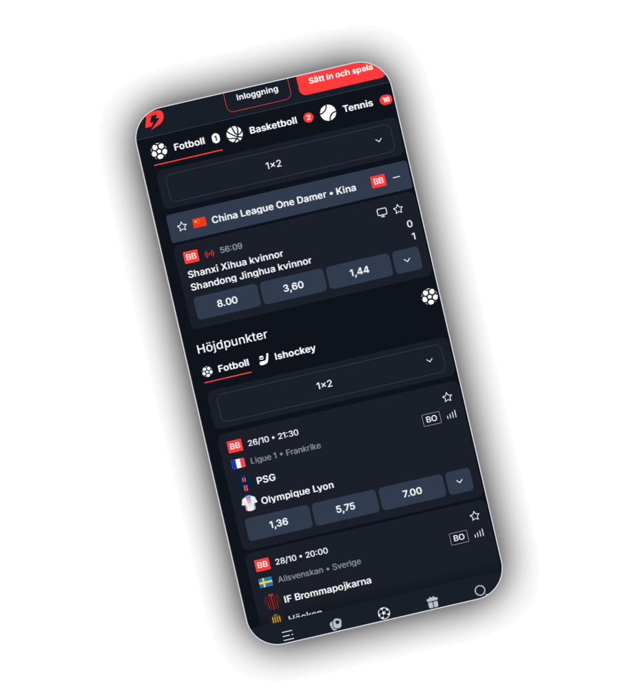 BetBays sportbok i mobilen med flikarna Fotboll, Basketboll och Tennis, en direktsänd match i China League One Damer mellan Shanxi Xihua och Shandong Jinghua med oddsen 8.00, 3,60 och 1,44, rubriken Höjdpunkter med PSG mot Olympique Lyon i Ligue 1 den 26 oktober klockan 21.30 med oddsen 1,36, 5,75 och 7.00 och längst ner IF Brommapojkarna mot Häcken i Allsvenskan den 28 oktober klockan 20.00